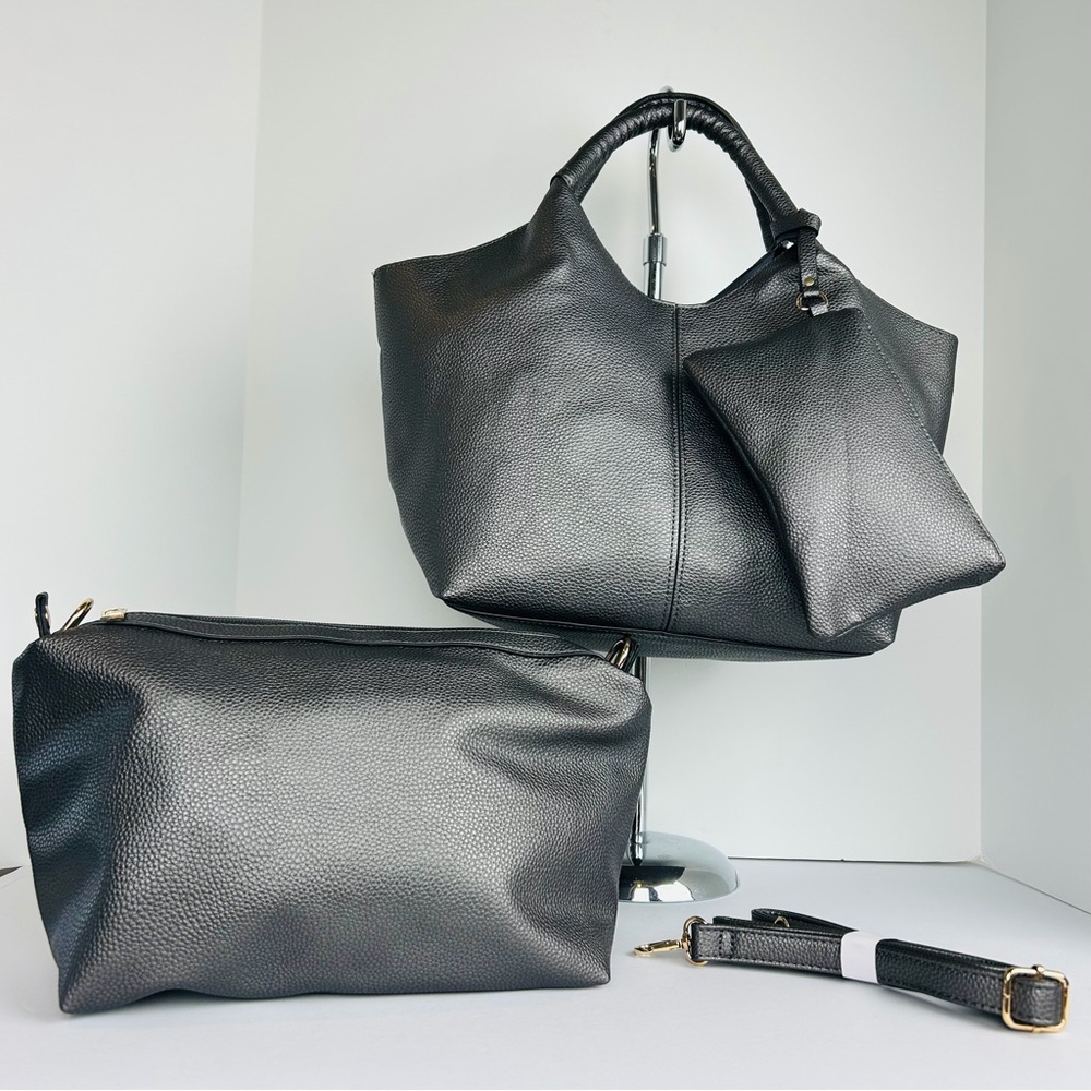 NWT 22 Tote Handbag Pebbled Pewter Adjustable Strap Removable Clutch Wristlet